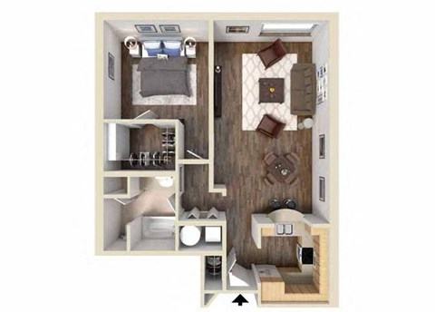 Floor plan for 1 bed, 1 bath, 740 sqft